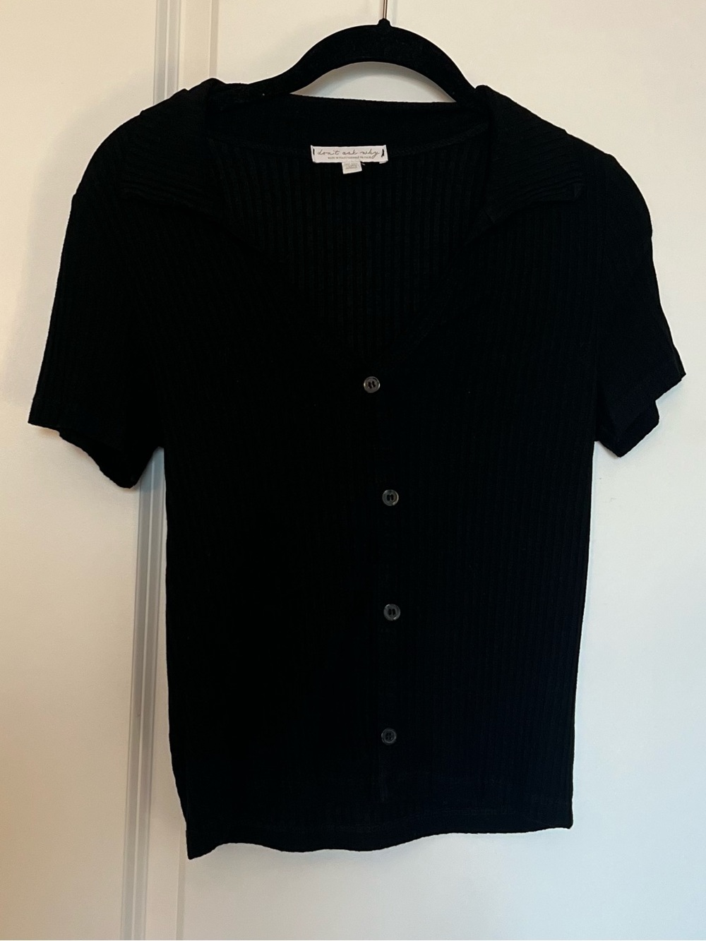 Black Ribbed Short Sleeve Button-Up Top